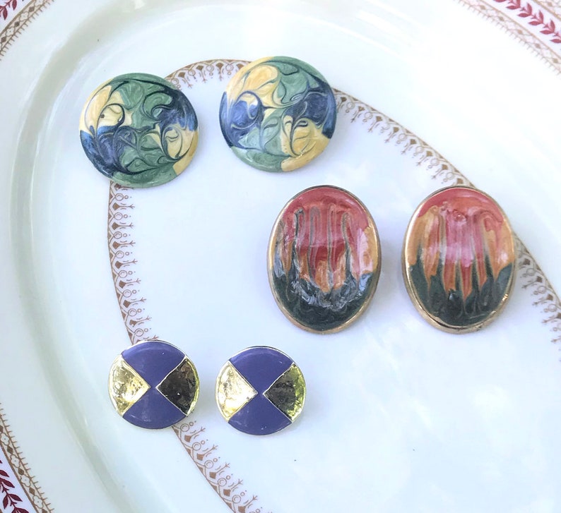 Purple Gold Geometric Earrings Stud Back Vintage Earrings 1980s Kitsch, Circular Earrings Retro Jewelry Vintage Swirl Earring Lot