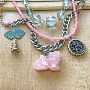 Upcycled Vintage Chinoiserie Neckmess, Layered Necklace, Vintage Beads, Pink Jade Dragon, Asian Pagoda, Hand-beaded, Chinese, OOAK