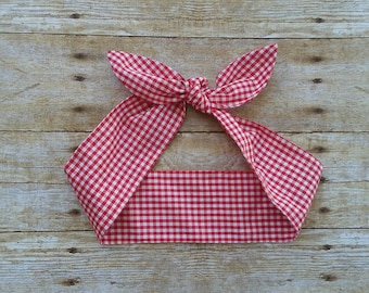 Red gingham top knot tie headband bandana hair tie Rosie the riveter 50s retro rockabilly style made by FlyBowZ