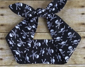 Black and white skull headband bandana hair tie retro pinup to knot 50s rockabilly style!