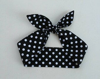 Black and white polka dot top knot tie headband bandana hair tie retro pinup rockabilly style!