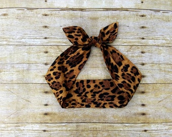 Animal print leapard cheetah top knot tie headband bandana knot hair tie Rosie the riveter retro rockabilly style made by FlyBowZ