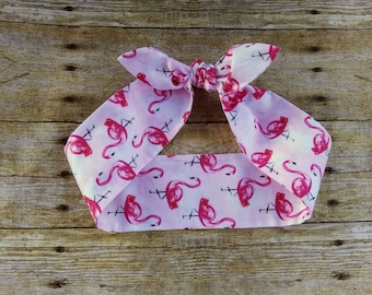 Rosie the Riveter top knot pink flamingo Valentine baby headband bandana bow knot 1950s hair tie retro rockabilly headband made by FlyBowZ