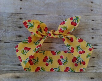 Yellow cherries headband bandana top knot hair bow made by FlyBowZ!