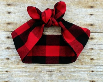 Red black buffalo plaid lumberjack headband bandana knot hair tie Rosie the riveter retro rockabilly style made by FlyBowZ