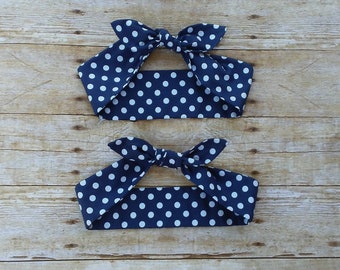 Rosie the Riveter top knot Navy polka dot baby headband bandana bow knot 1950s hair tie retro rockabilly headband made by FlyBowZ