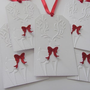 Deer Gift Tags, Handmade Christmas Gift Tags, Deer with Bow Tags, Holiday Gift Tags, Embossed Deer Tags, Deer with Bow Tags, Set of 5 Tags image 3