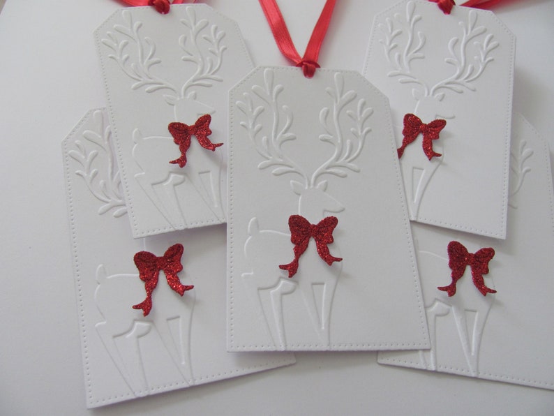 Deer Gift Tags, Handmade Christmas Gift Tags, Deer with Bow Tags, Holiday Gift Tags, Embossed Deer Tags, Deer with Bow Tags, Set of 5 Tags image 3