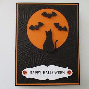 Halloween Card, Halloween Greeting Card, Halloween  Cat Card, Embossed Cards, Spooky Halloween Card, Bats, Cat, Moon, Handmade Cards, Orange