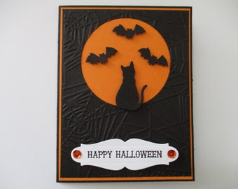 Halloween Card, Halloween Greeting Card, Halloween  Cat Card, Embossed Cards, Spooky Halloween Card, Bats, Cat, Moon, Handmade Cards, Orange