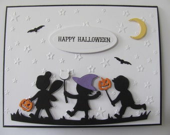 Halloween Trick or Treater Card, Kids Happy Halloween Card, Spooky Cards, Halloween Greeting Card, Handmade Halloween, Pumpkins, Bats