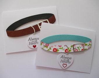 Tarjeta de condolencias para mascotas, tarjeta de condolencias para collar de perro, pérdida de mascota, saludo hecho a mano, condolencias para mascotas, tarjeta "Siempre en nuestros corazones", condolencias, collar de perro