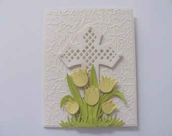 Handmade Greeting Card, Religious Cross Card, Easter, Christian Card, Embossed Cross Card, OOAK Easter Tulip Card, Tulips, Vintage Cream