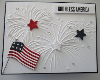 God Bless America Card, 4th of July Card, Patriotic Cards, Independence Day Card, Fireworks Card, Embossed Fireworks Card, Flag, Stars, Blue