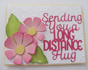 Thinking of You Card, Sending Hugs Card, Flower Card, Pink, Embossed Cards, Handmade Greeting Card, Pink Flowers, Long Distance Hug, Yellow