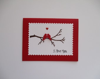 Handmade Valentine's Day Card, Valentines Day Card, I Love You Card, Valentines Day Love Bird Card, Love, Greeting Card, Valentines Day, Red