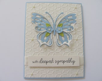 With Deepest Sympathy Card, Condolence Card, Butterfly Sympathy Card, Embossed Sympathy Card, Vintage Cream, Sympathy Card, Blue, Sympathy