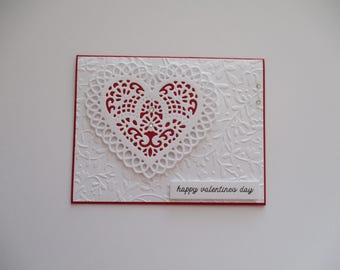 Valentine's Day Card, Heart Card, Valentines, Red and White, Embossed Cards, Love Card, Handmade Greeting Card, Valentines Day, Lace Heart