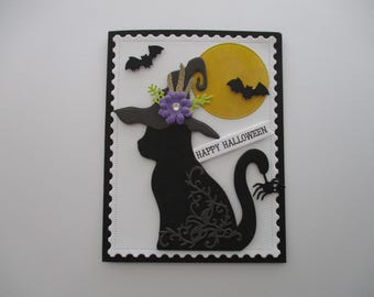 Halloween Cat Card, Halloween Greeting Card, Halloween Card, Cat Cards, Spooky Halloween Card, Bats, Cat, Moon, Handmade Cards, Spider