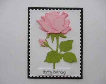 Handmade Pink Rose Birthday Card: Die Cut Greeting Card