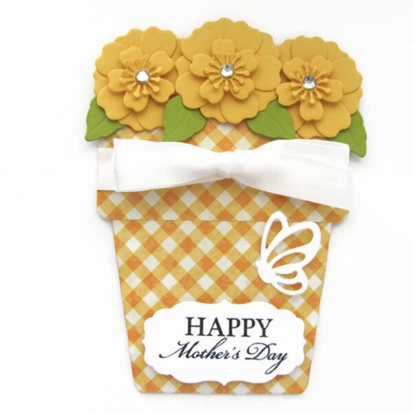 Mother's Day Card, Flower Pot Cards,Yellow Checker Pattern, Yellow Flowers, Flowers, Mom, Mother's Day, Grandmom