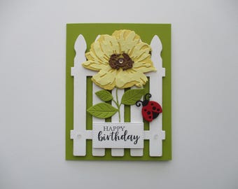 Floral Happy Birthday Card, Handmade Greeting, Picket Fence, Ladybug, Wood Flower