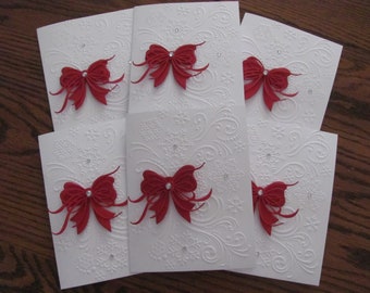 Christmas Cards, Embossed Snowflake Swirl Card, Christmas Card Set, Elegant Ribbon Christmas Cards, Greeting Cards Handmade, Bow Card Set