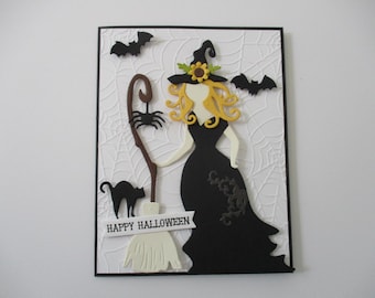 Halloween Witch Card, Happy Halloween Card, Witch, Broom, Cat, Bats, Handmade Halloween, Spider, Spooky Halloween Card, Black, Embossed Card