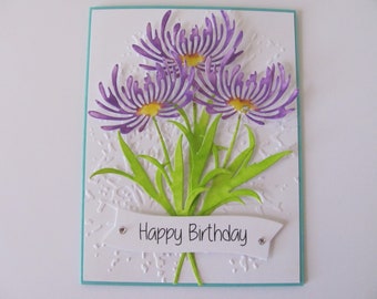 Happy Birthday Card, Handmade Greeting Card, Happy Birthday, Embossed Birthday Card, Purple, Flowers, Flower Birthday Card, Wild Flowers