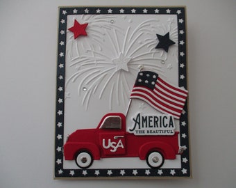 4th of July Card, America The Beautiful Card, Patriotic Cards, Independence Day Card, Fireworks Card, Red Truck Card, Red White Blue, USA