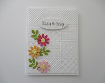 Handmade Greeting Card, Happy Birthday Flower Card, Happy Birthday Card, Flowers, Greenery, Embossed Quilt Cards, Birthdays, Gift For Her