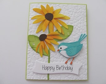 Handmade Black-Eyed Susan Birthday Card: Embossed Flower & Bird