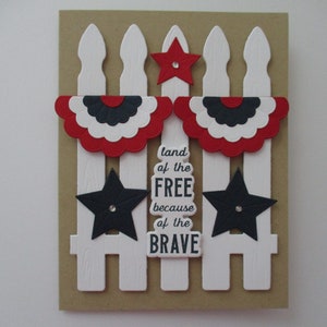 4th of July Card, Land Of The Free Card, Patriotic Cards, Independence Day Card, Picket Fence Card, Red White Blue, Banner, Greeting Card