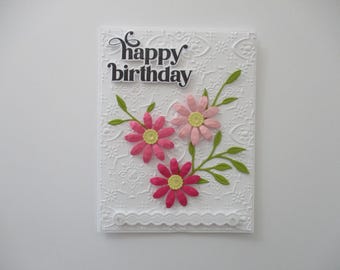 Happy Birthday Flower Card, Handmade Greeting Card, Happy Birthday Card, Flowers, Greenery, Embossed Birthday Cards, Birthdays, Gift For Her