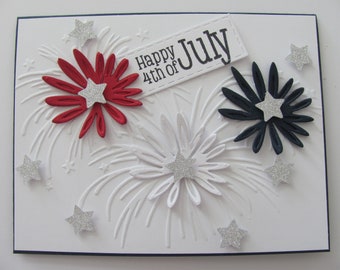 4th of July Card, Independence Day Card, Fireworks Card, Embossed Cards, Flower fireworks Card, Red White Blue, Patriotic Cards, Stars