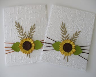 Thanksgiving Sunflower Cards: Set of 2, Thanksgiving  Cards, Embossed Fall Leaves, Autumn Leaves, Blessed, Thankful, Grateful