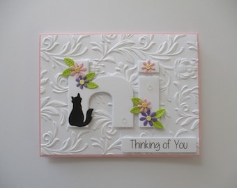 Thinking of You Card, Hi Card, Flower Card, Pink, Embossed Cards, Handmade Greeting Card, Pink Flowers, Blank Card, Cat, Floral Card, Hello