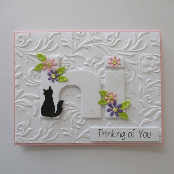 Thinking of You Card, Hi Card, Flower Card, Pink, Embossed Cards, Handmade Greeting Card, Pink Flowers, Blank Card, Cat, Floral Card, Hello