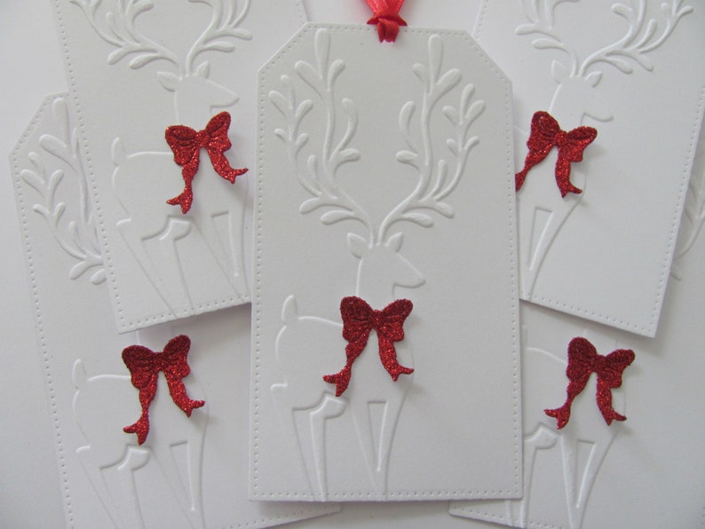 Deer Gift Tags, Handmade Christmas Gift Tags, Deer with Bow Tags, Holiday Gift Tags, Embossed Deer Tags, Deer with Bow Tags, Set of 5 Tags image 2