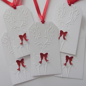 Deer Gift Tags, Handmade Christmas Gift Tags, Deer with Bow Tags, Holiday Gift Tags, Embossed Deer Tags, Deer with Bow Tags, Set of 5 Tags image 1