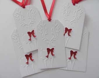 Deer Gift Tags, Handmade Christmas Gift Tags, Deer with Bow Tags, Holiday Gift Tags, Embossed Deer Tags, Deer with Bow Tags, Set of 5 Tags
