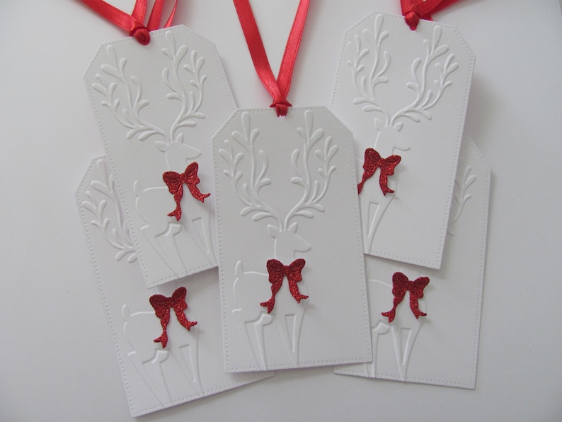 Deer Gift Tags, Handmade Christmas Gift Tags, Deer with Bow Tags, Holiday Gift Tags, Embossed Deer Tags, Deer with Bow Tags, Set of 5 Tags image 1