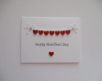 Happy Valentine's Day Heart Card, Hearts, Handmade Greeting Card, Valentines Greeting Card, Glitter Heart Card, Heart Rope Clothes Line Card