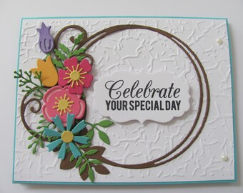 Birthday Flower Wreath Card, Birthday Card, Handmade Birthday Card, Embossed Birthday Card, Birthday Card, Birthday Flower Card, Flower Card