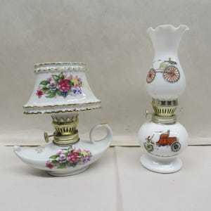 Miniature Oil Lamp, Pair of Miniature White Floral Art Oil Lamps, Miniature Ceramic Kerosene Lamp
