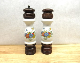 Porcelain Salt Pepper, White Porcelain and Wood Salt and Pepper Grinder Set With Floral Design