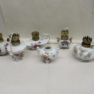 Miniature Oil Lamps, Collection of 6 Miniature Ceramic Painted Oil Lamps, BOTTOMS ONLY No Chimneys for 6  Miniature Ceramic Kerosene Lamp