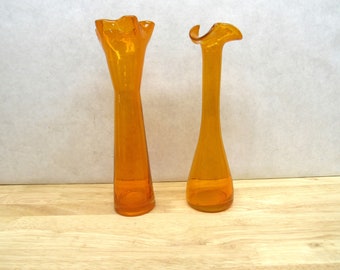 Orange Glass Vases, Choose Between 2 Stunning Swung Style Fluted Pedestal Vases, Tall Orange Glass Vases