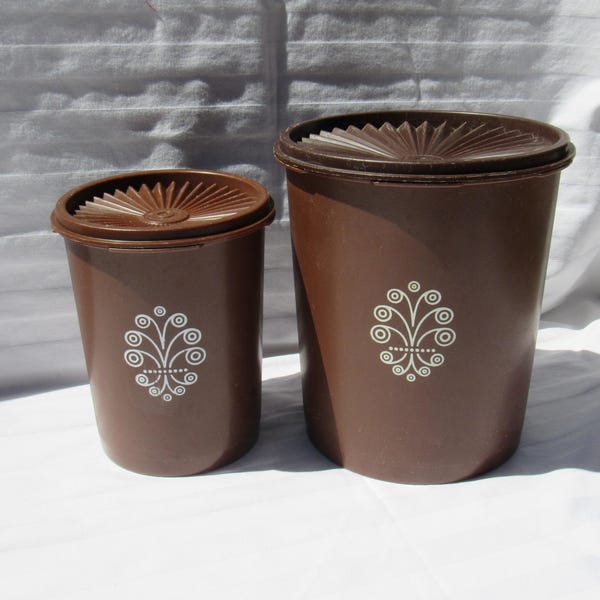 Brown Tupperware Canisters, Two Chocolate Brown Servalier Canisters, Tupperware 811-3 and 807-12 Canisters with Accordian Lids