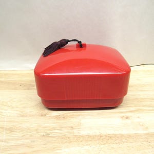 Jacqueline Cochran Box, Red Plastic Velvety Powder Box, MCM Art Deco Style Red Plastic Box with Tassle